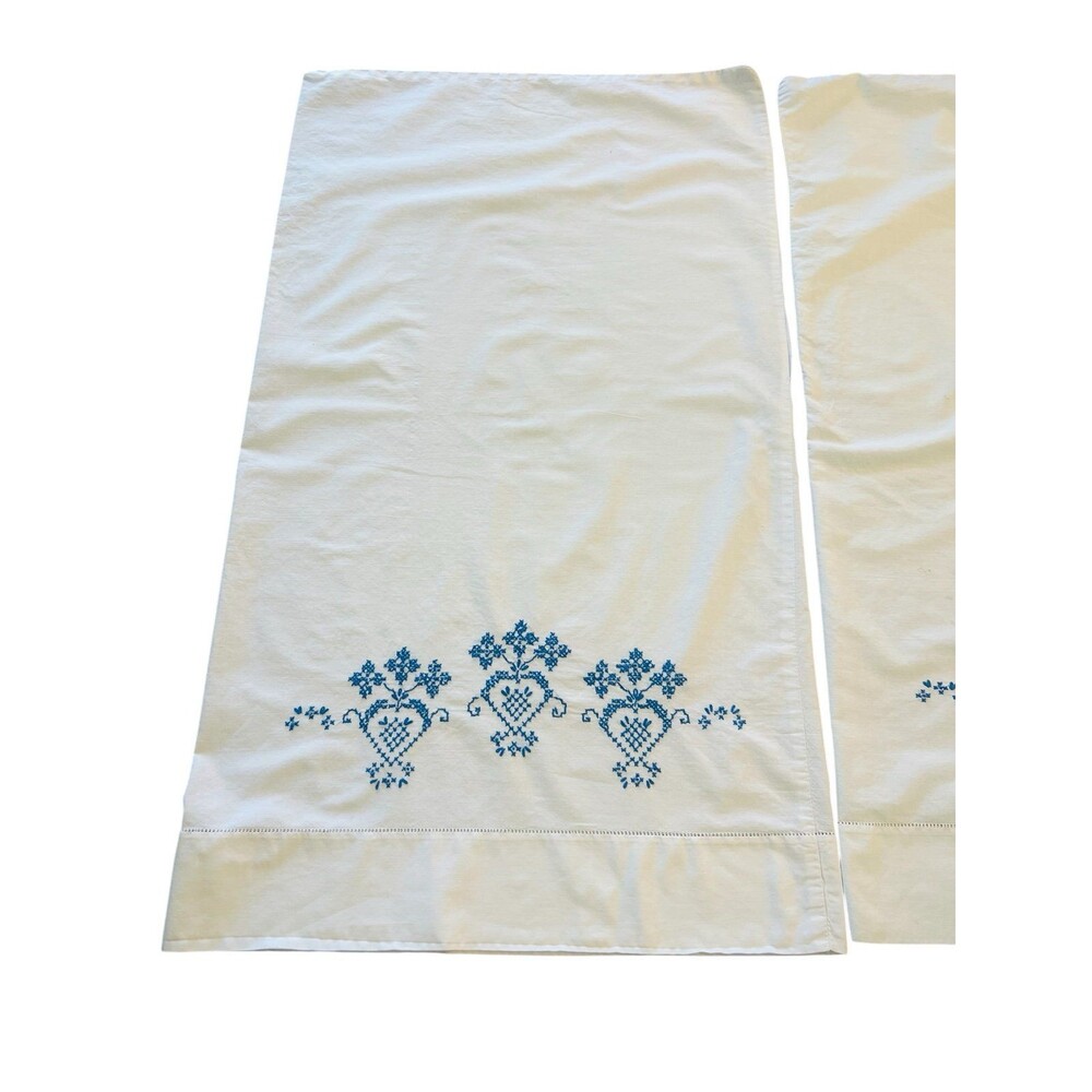 Vintage Blue Cross Stitch Pillowcases Set of 2 White Cotton Embroidered Folk Art